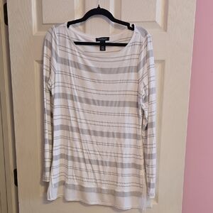 White House Black Market Gray and White Striped Long Sleeve Top